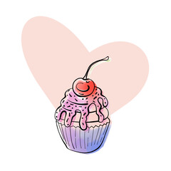 Sweet cupcake with heart background in watercolor technique