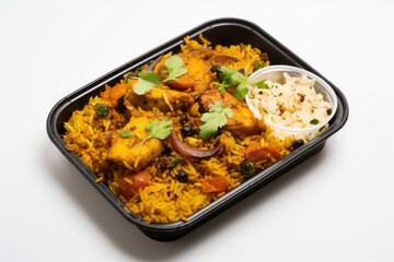 Exquisite biryani in a bento box against a white background