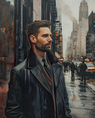Waist-up portrait of a stylish young Caucasian man with brown hair and beard.