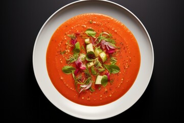 Tempting gazpacho on a rustic plate against a white background