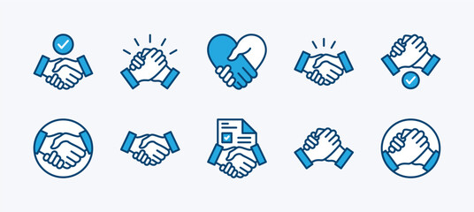 Set of business agreement handshake icon. Containing friendship, partnership, relation, cooperation, contract deal, success, greeting, respect, teamwork, trust, welcome. Vector illustration