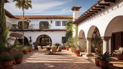 Spanish hacienda with tiled roofs arched walkways and courtyards. - obrazy, fototapety, plakaty