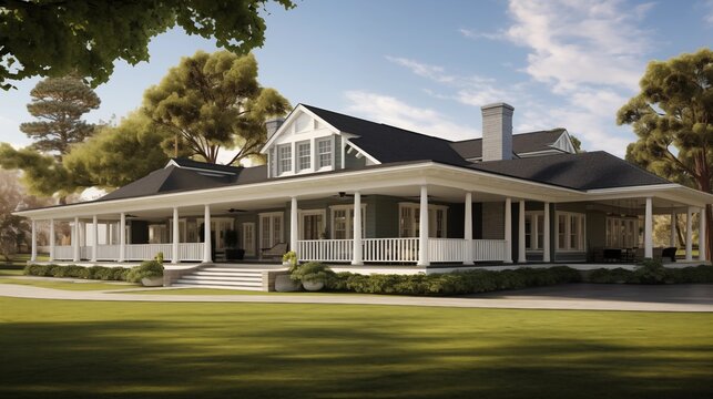 Sprawling ranch house with wrap-around porch clapboard siding and classic American architecture.