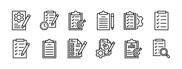 Clipboard thin line icon vector set. Containing checklist, document, task, schedule, note, plan, target, report, project, business contract, journal, paperwork, agenda, survey, form with checkmark