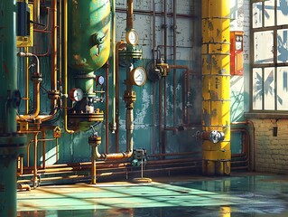 Morning light bathes an industrial setting, highlighting the complexity of pipes, valves, and pressure gauges in a dance of shadows - obrazy, fototapety, plakaty