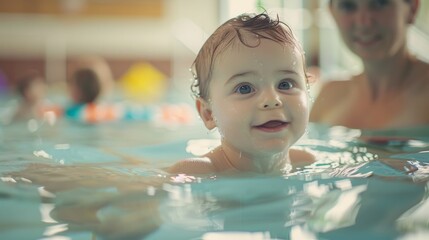 Cute funny toddler girl in colorful swimsuit relaxing on inflatable toy ring floating in pool have fun during summer vacation indoors. Child having fun in swimming pool.