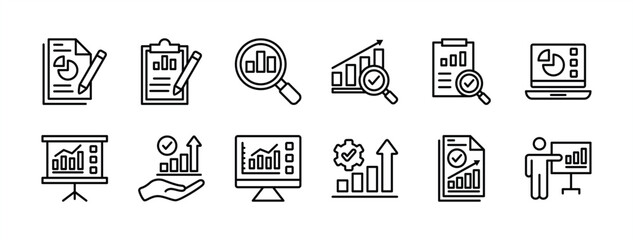 Analysis data report thin line icon set. Containing financial profit graph on the clipboard, device, whiteboard. Review results documents. Statistical science data information. Vector illustration