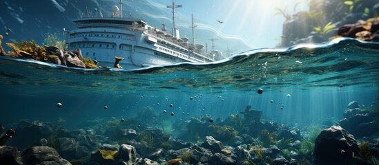 half underwater view of beautiful seabed and cruise ship, Separate view