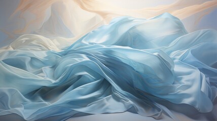 The abstract picture of the wavy blue fabric satin flexible clean cloth of the curtain that waving around under the light in the blank background of the bright room in the daytime of the day. AIGX01. - obrazy, fototapety, plakaty