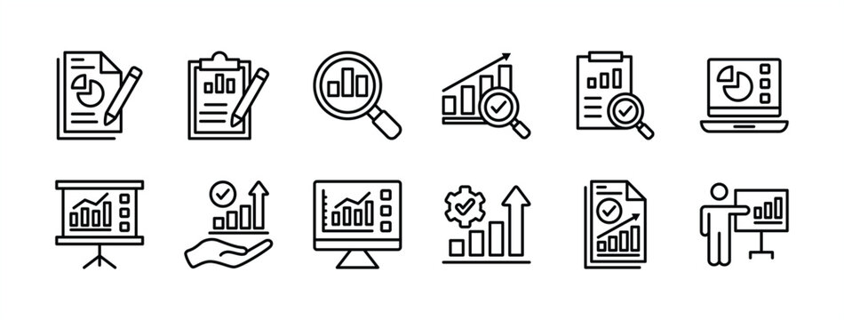 Analysis data report thin line icon set. Containing financial profit graph on the clipboard, device, whiteboard. Review results documents. Statistical science data information. Vector illustration