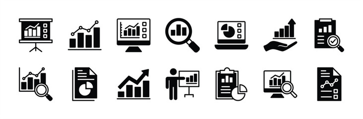 Data analytics icon set. Statistical science data information. Containing financial profit graph, database, statistics, chart, presentation, performance. Review results documents. Vector illustration - obrazy, fototapety, plakaty