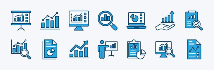 Set of data analytics icon. Statistical science data information. Containing financial profit graph, database, statistics, chart, presentation, performance. Review results document vector illustration - obrazy, fototapety, plakaty