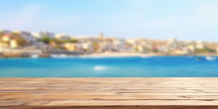 The empty wooden brown table top with blur background of seaside resort. Exuberant image. generative AI