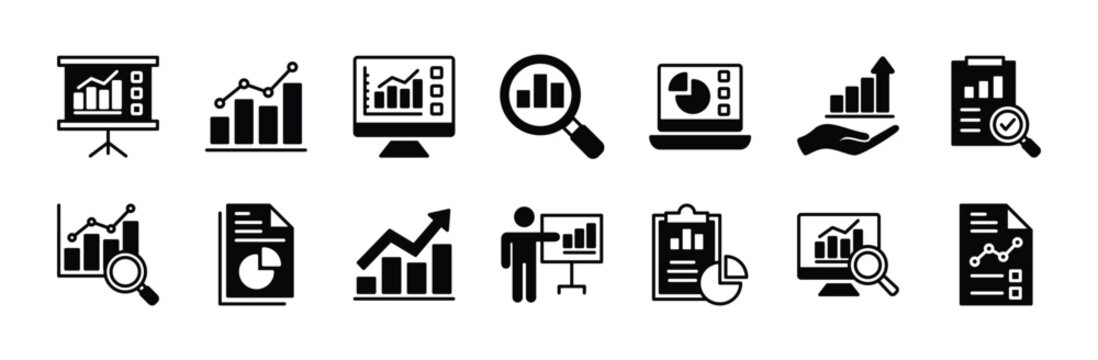 Data analytics icon set. Statistical science data information. Containing financial profit graph, database, statistics, chart, presentation, performance. Review results documents. Vector illustration