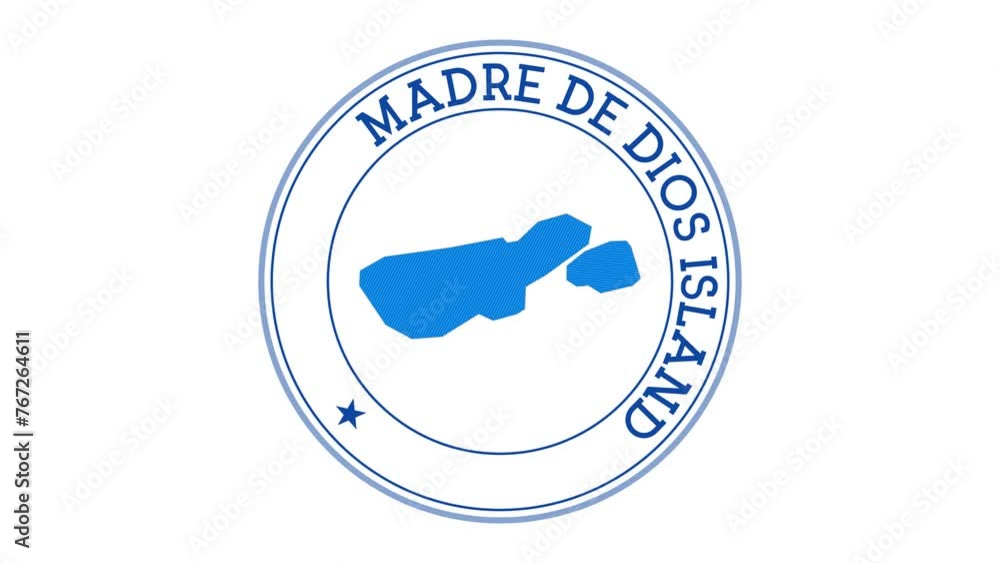 Poster madre de dios island intro. badge with the circular name and map. madre de dios island round logo an