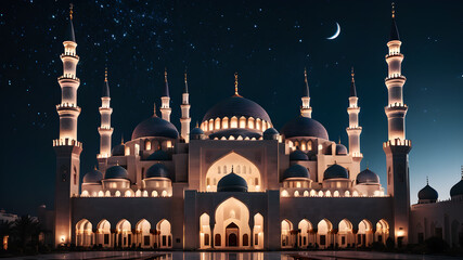 A majestic mosque illuminated against the night sky, with intricate geometric patterns adorning its walls and minarets reaching towards the heavens