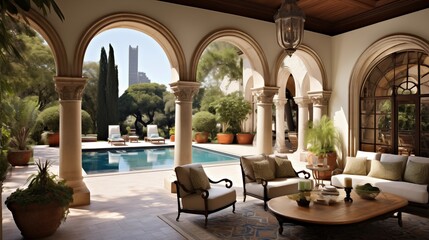 Sumptuous Mediterranean Revival arched loggia with terra cotta floors stucco walls and view over lavish tiled pool courtyard.
