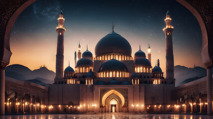 A majestic mosque illuminated against the night sky, with intricate geometric patterns adorning its walls and minarets reaching towards the heavens - obrazy, fototapety, plakaty