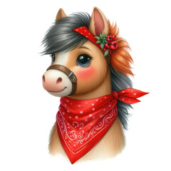 Portrait of a small brown horse, cartoon horse wearing a red bandana. Watercolor illustration