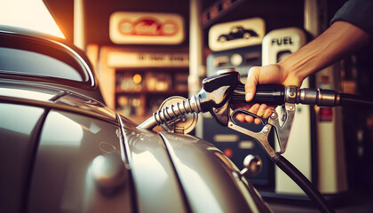 Hand Gripping A Vintage-style Fuel Nozzle, Refueling A Classic Car - obrazy, fototapety, plakaty
