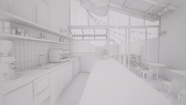 Boceto del interior de restaurante cafeter&iacute;a, v&iacute;deo de animaci&oacute;n 3d 4k 60fps