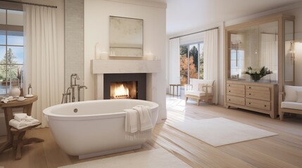 Fototapeta na wymiar Sumptuous spa-like bathroom with freestanding tub fireplace and couples' vanities.