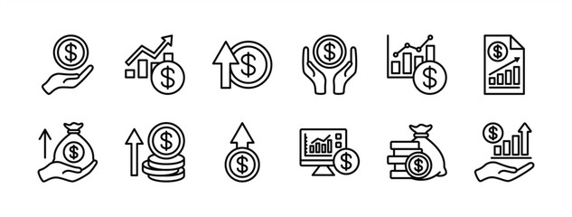 Money income thin line icon set. Containing profit, financial analysis data, finance graph, growth, investment, chart, fund, payment, revenue, statistic, earnings, management. Vector illustration