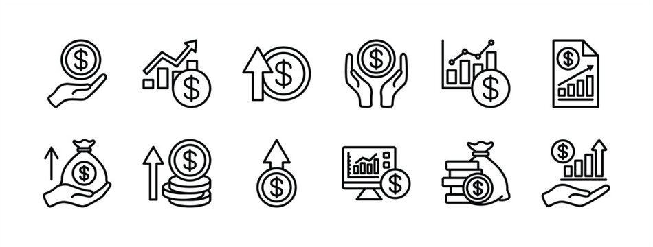 Money income thin line icon set. Containing profit, financial analysis data, finance graph, growth, investment, chart, fund, payment, revenue, statistic, earnings, management. Vector illustration