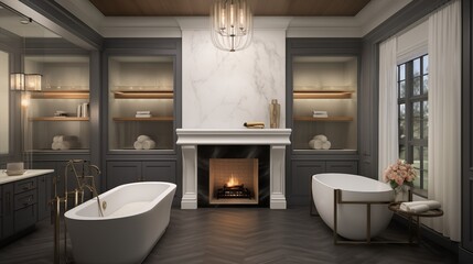 Fototapeta na wymiar Sumptuous spa-like bathroom with freestanding tub fireplace and couples' vanities.