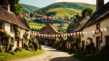 A picturesque village nestled among rolling hills, with quaint cottages decorated with vibrant...