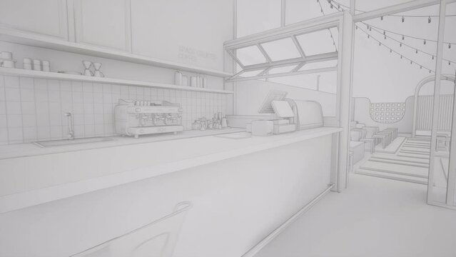 Boceto del interior de restaurante cafeter&iacute;a, v&iacute;deo de animaci&oacute;n 3d 4k 60fps