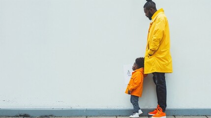 Minimalist Father's Day scene with father in yellow and child in orange, contrasting against a white wall, highlighting a touching moment and vibrant attire - obrazy, fototapety, plakaty