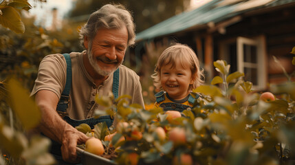 Grandfather and grandson picking apples in the garden - obrazy, fototapety, plakaty
