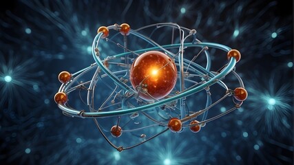 An atom in three dimensions with a background of nanotechnology, atom, According to nuclear physics, the small, dense region at an atom's center that is made up of protons and neutrons - obrazy, fototapety, plakaty