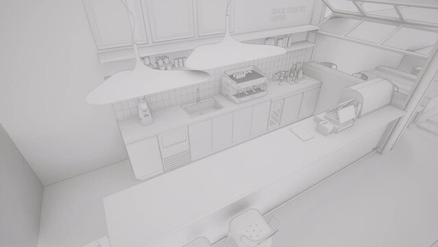Boceto del interior de restaurante cafeter&iacute;a, v&iacute;deo de animaci&oacute;n 3d 4k 60fps