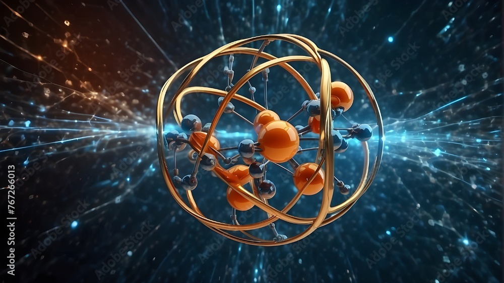 Wall mural an atom in three dimensions with a background of nanotechnology, atom, according to nuclear physics,