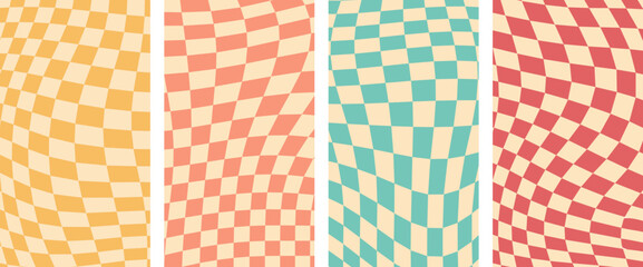 Groovy wavy checkerboard pattern vertical background set