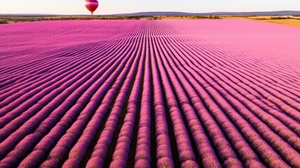 Aerial view of hot air balloon over lush lavender field in full bloom on sunny summer day