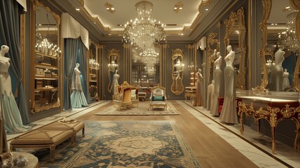 Transport yourself to a realm of opulence and grandeur within the confines of a 3D-rendered fashion boutique.