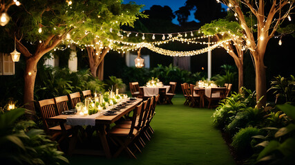 A tranquil garden adorned with twinkling fairy lights and lush greenery to celebrate under the starry night sky