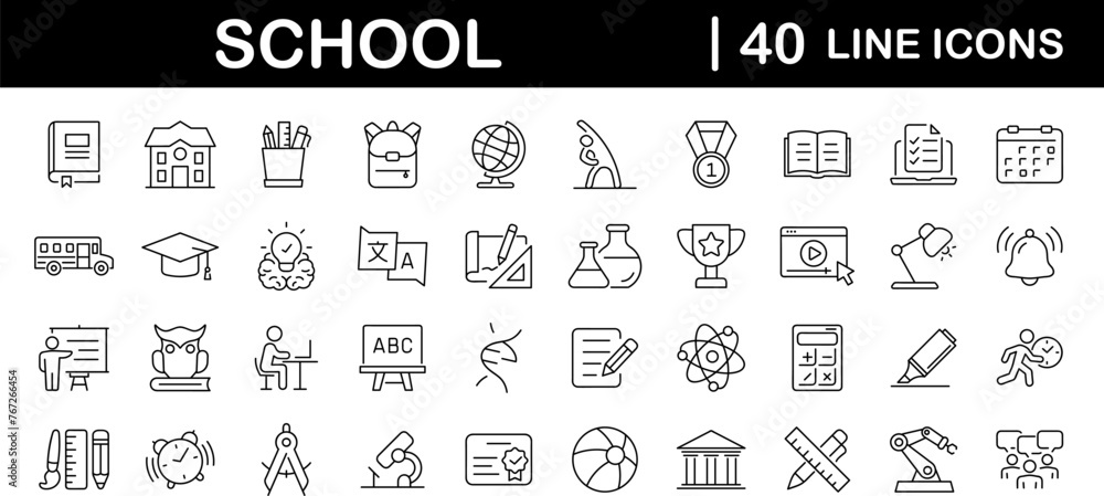 Poster school set of web icons in linear style. education and knowledge icons for web and mobile app. back 