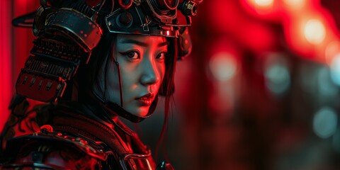 Cybernetic woman with a gaze reflecting a blend of humanity and technology, amid a sea of red and black