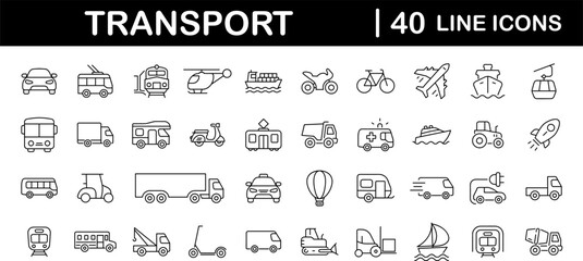 Transport set of web icons in linear style. Transport, vehicle and delivery icons for web and mobile app. Public transport, car, bike, train, bicycle, plane, bus, metro, ship, bulldozer, helicopter