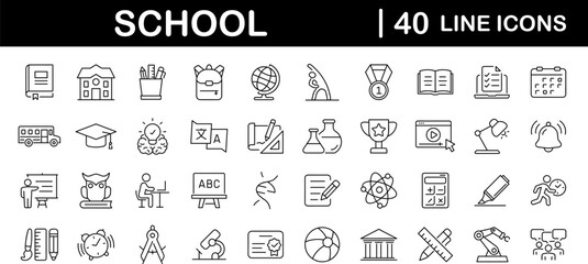 School set of web icons in linear style. Education and knowledge icons for web and mobile app. Back to school. Learning, classroom, students, online education. Vector illustration
