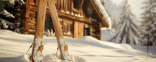 A pair of wooden skis leaning against a snow-drifted cabin, the details sharp against a softly blurred snowy landscape, the skis and surrounding 