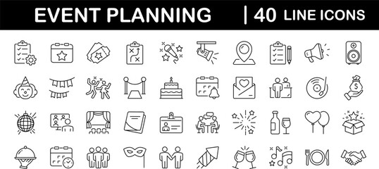 Fototapeta na wymiar Event planning set of web icons in linear style. Event organisation icons for web and mobile app. Management, wedding, entertainment, catering, invitations, catering, coordination. Vector illustration
