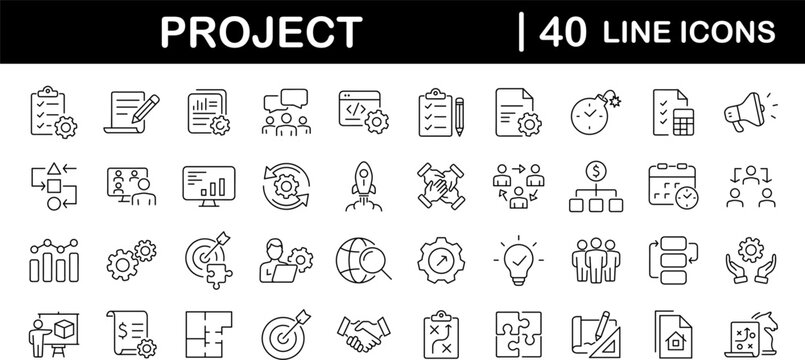 Management set of web icons in linear style. Project management icons for web and mobile app. Business, organisation management, planning, project, startup, marketing, teamwork. Vector illustration