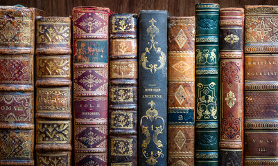Old books cover on wooden shelf. Tiled Bookshelf background. Concept on the theme of history, nostalgia, old age. Retro style. The book is a symbol of knowledge. - 767266602