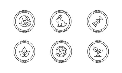 Black Outline icons pack of Natural, Eco-Friendly & Sustainable Icons: Vegan, Cruelty-Free, GMO-Free For Web and Mobile Apps. 