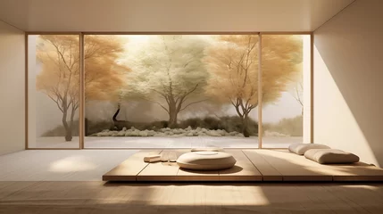 Fotobehang Pared down modern meditation room with minimalist lines neutral palette and garden outlook. © Aeman